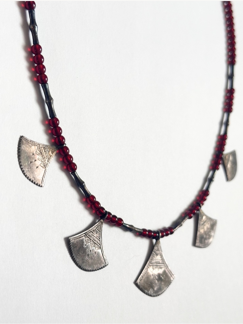 High-Grade Tuareg Silver Garnet Hand-Engraved Chatchat Necklace